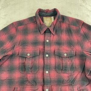 Eddie Bauer Wool Shirt Jacket Men Large Ox Blood Plaid Barn Chore Mackinaw Loden